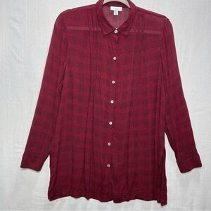 J jill Red & Black Houndstooth Sheer Long Sleeve Blouse Women's M PETITE